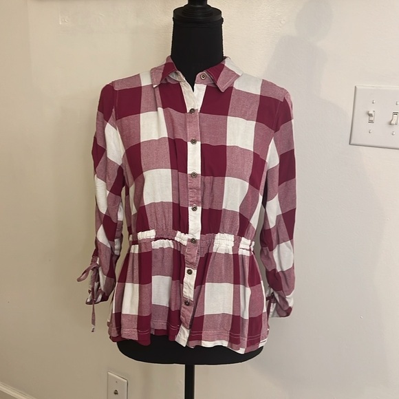 Cato Block Style Top W/Ruched Tie Sleeves, Button Down, Ruched Waist, Sz. M. - Picture 3 of 10